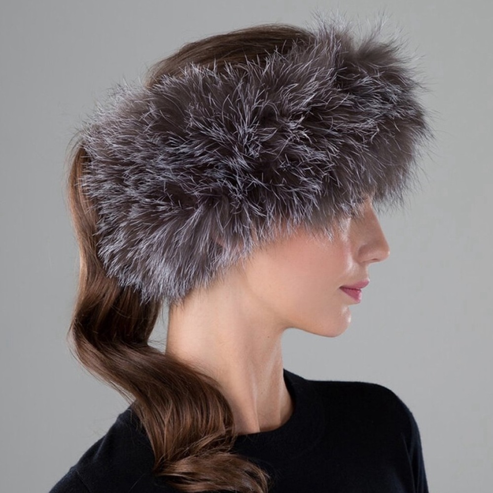 SURELL genuine real fox fur women's scarf headband earwarmer- GRAY